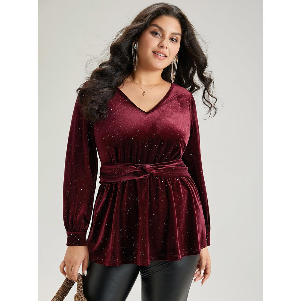 Plus Size Scarlet Glitter Sequin Velvet Twist Front V Neck Blouse Women Cocktail Long Sleeve V-neck Party Blouses BloomChic 14-16/1X Product Image