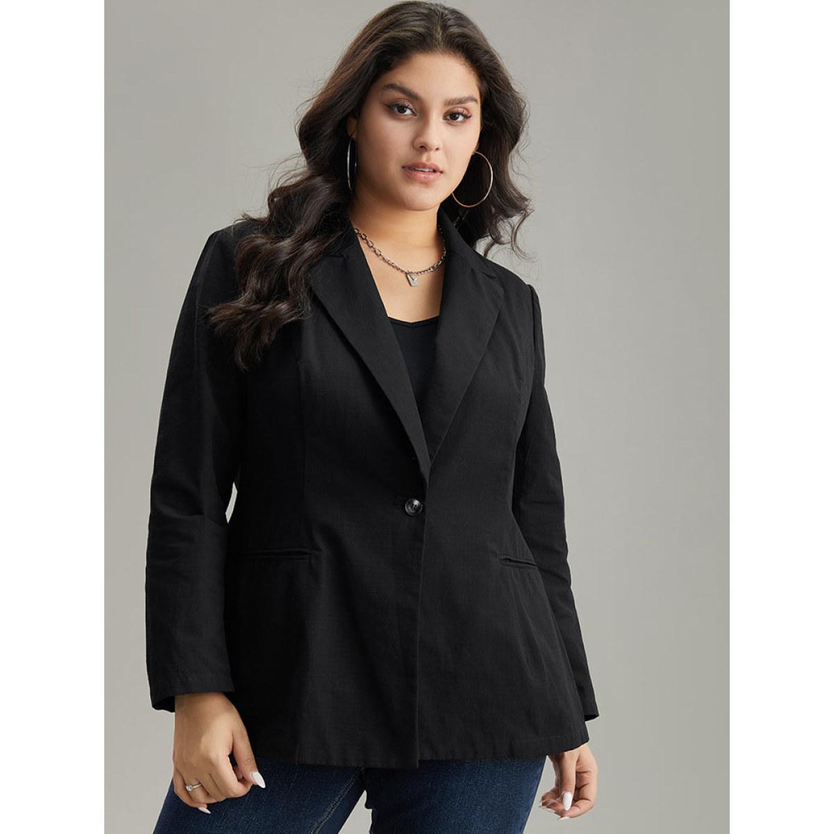 Plus Size Plain Gathered Suit Collar Button Fly Blazer Black Women Dailywear Plain Plain Sleeve Long Sleeve Suit Collar 14-16/1X Casual Blazers BloomChic Product Image