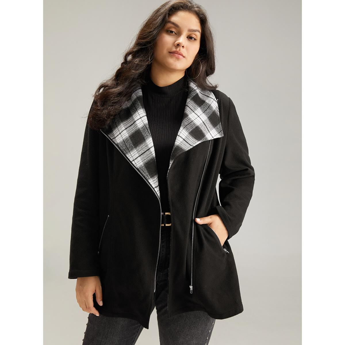 Plus Size Plaid Patchwork Lapel Collar Zipper Coat Women Black Elegant Contrast Ladies Everyday Winter Coats BloomChic 18-20/2X Product Image