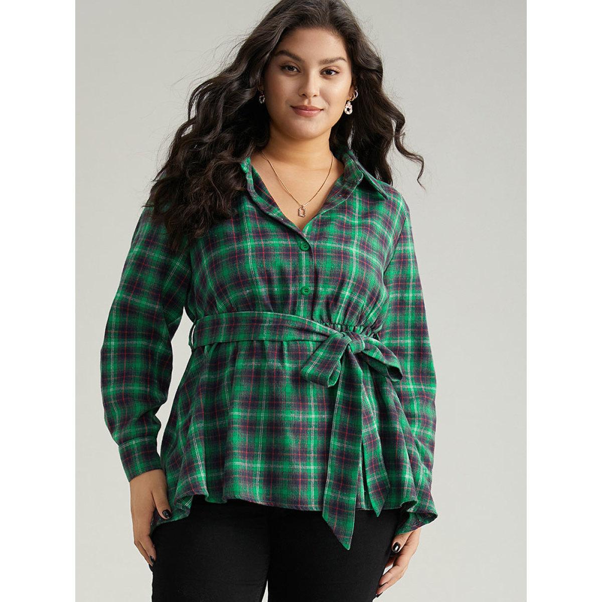 Plus Size Green Shirt Collar Plaid Belted High Low Hem Blouse Women Elegant Long Sleeve Shirt collar Festival-Christmas Blouses BloomChic 14-16/1X Product Image