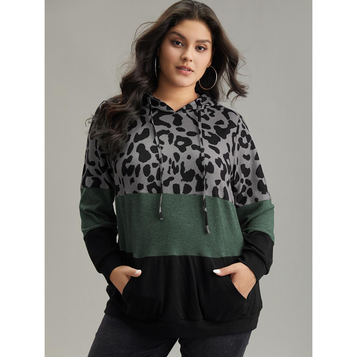 Plus Size Leopard Colorblock Contrast Hooded Drawstring Sweatshirt Women Green Casual Contrast Hooded Dailywear Sweatshirts BloomChic 10/M Product Image