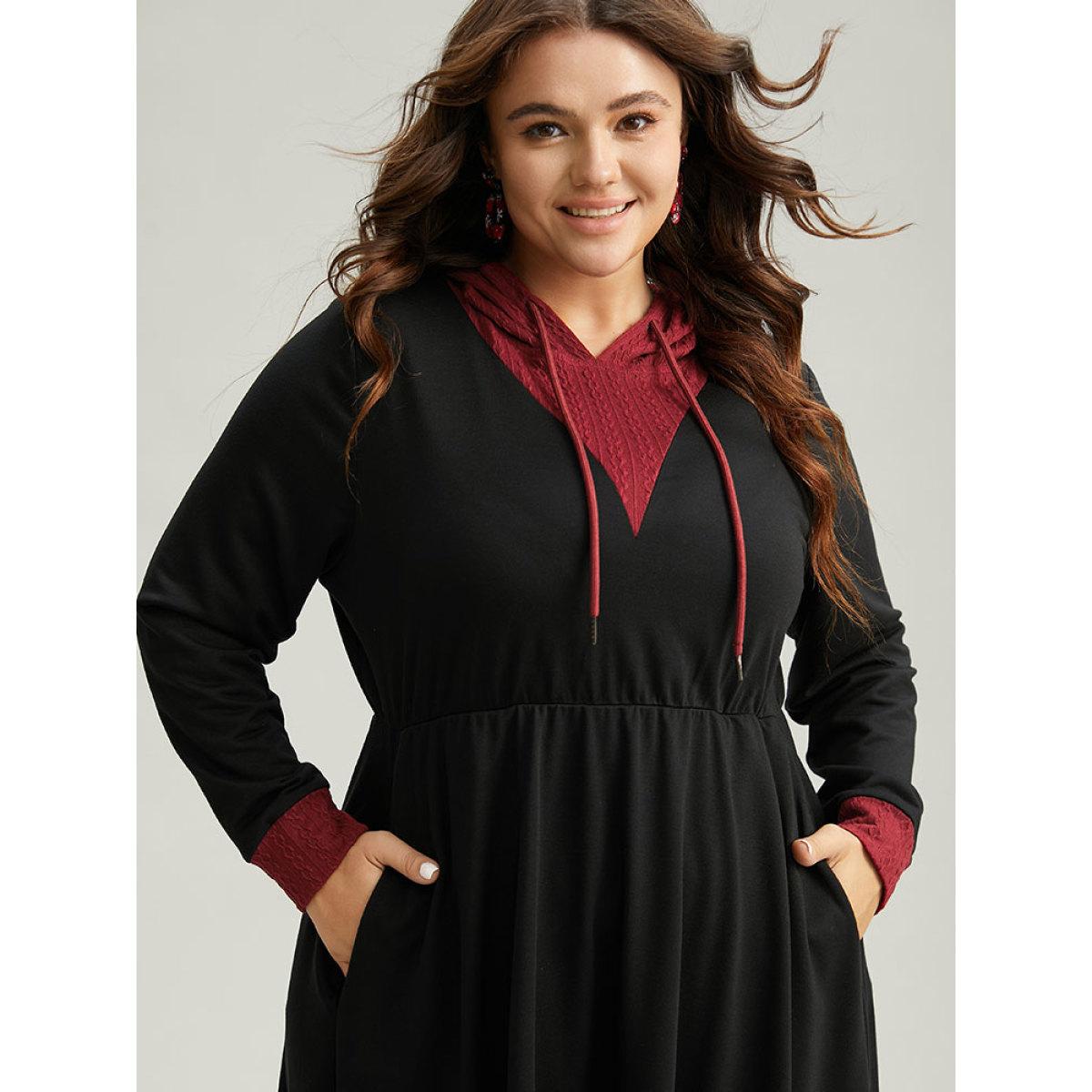 Plus Size Christmas Textured Contrast Hooded Drawstring Dress Black Women Casual Gathered Hooded Long Sleeve Curvy Midi Dress BloomChic 22-24/3X Product Image