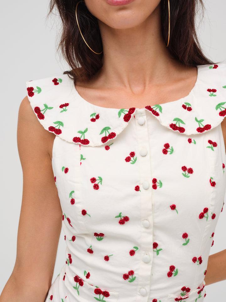 Beaded Cherries Mini Dress — White Product Image