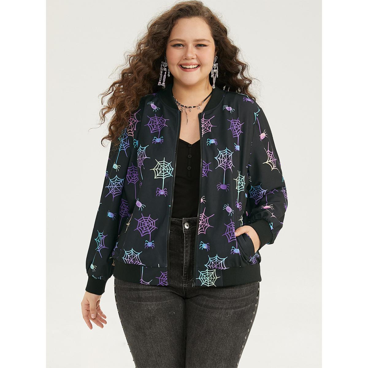 Plus Size Halloween Spider Web Zipper Pocket Jacket Women Black Elastic cuffs Pocket Dailywear Jackets BloomChic 28/5X Product Image
