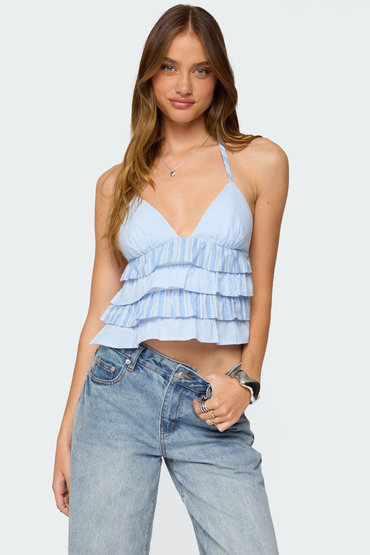 Tiered Ruffle Backless Striped Halter Top Product Image