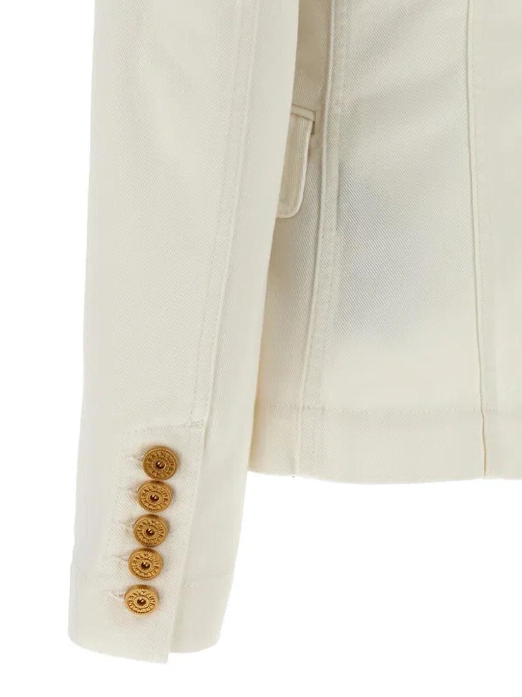 BALMAIN Double-breasted Structured Denim Blazer With Peak Lapel In White Product Image