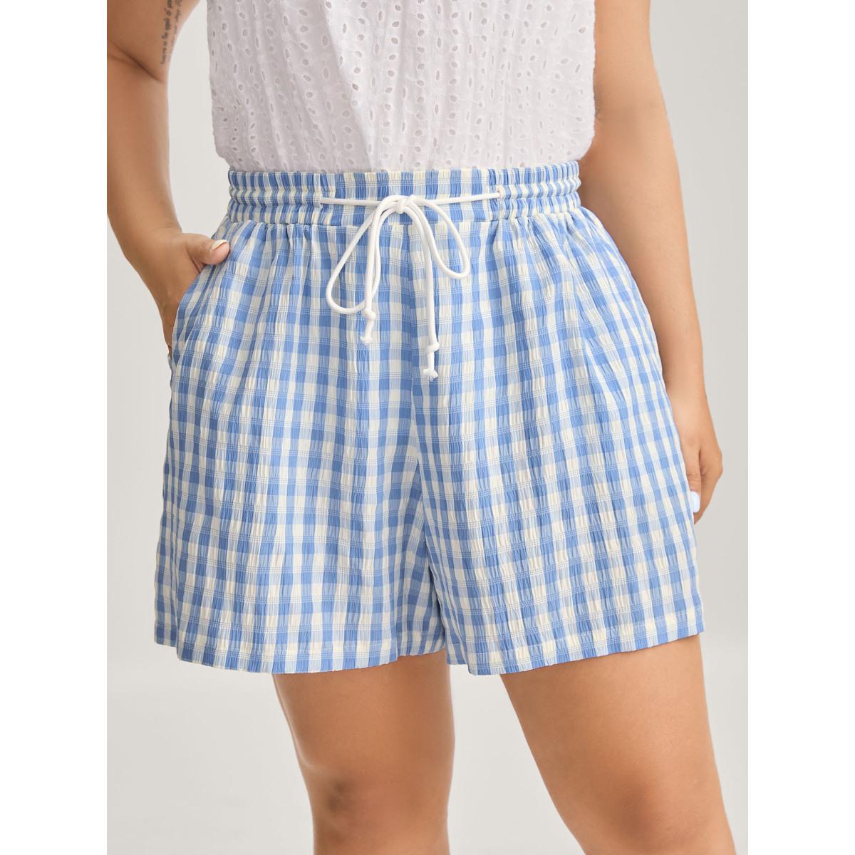 Plus Size Plaid Print Drawstring Wide-Leg Shorts Women LightBlue Casual Drawstring Wide Leg Everyday-Casual Shorts BloomChic 18-20/2X Product Image
