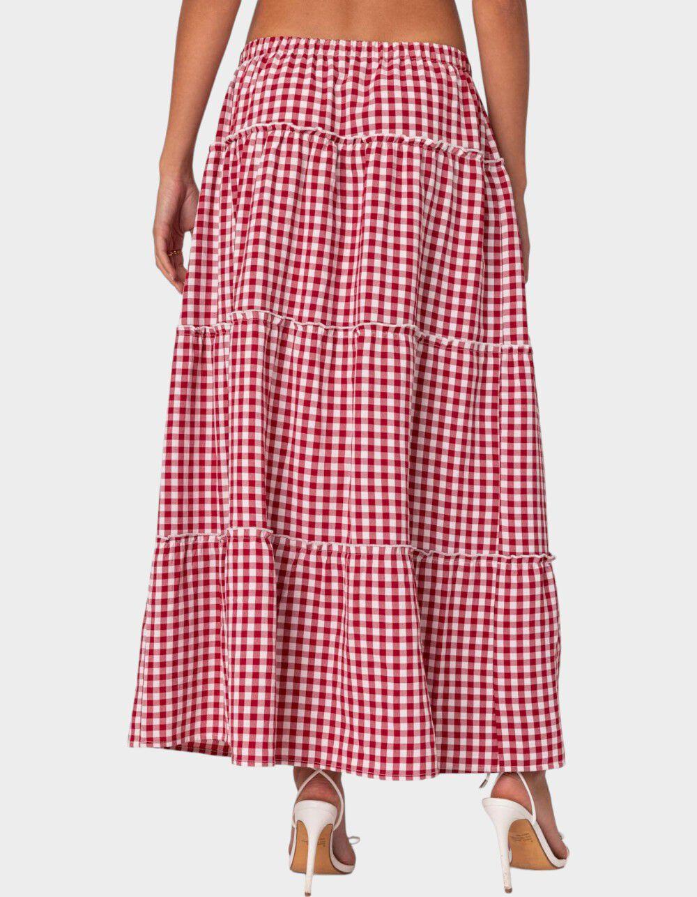 EDIKTED Gingham Side Slit Tiered Maxi Skirt - RED Product Image