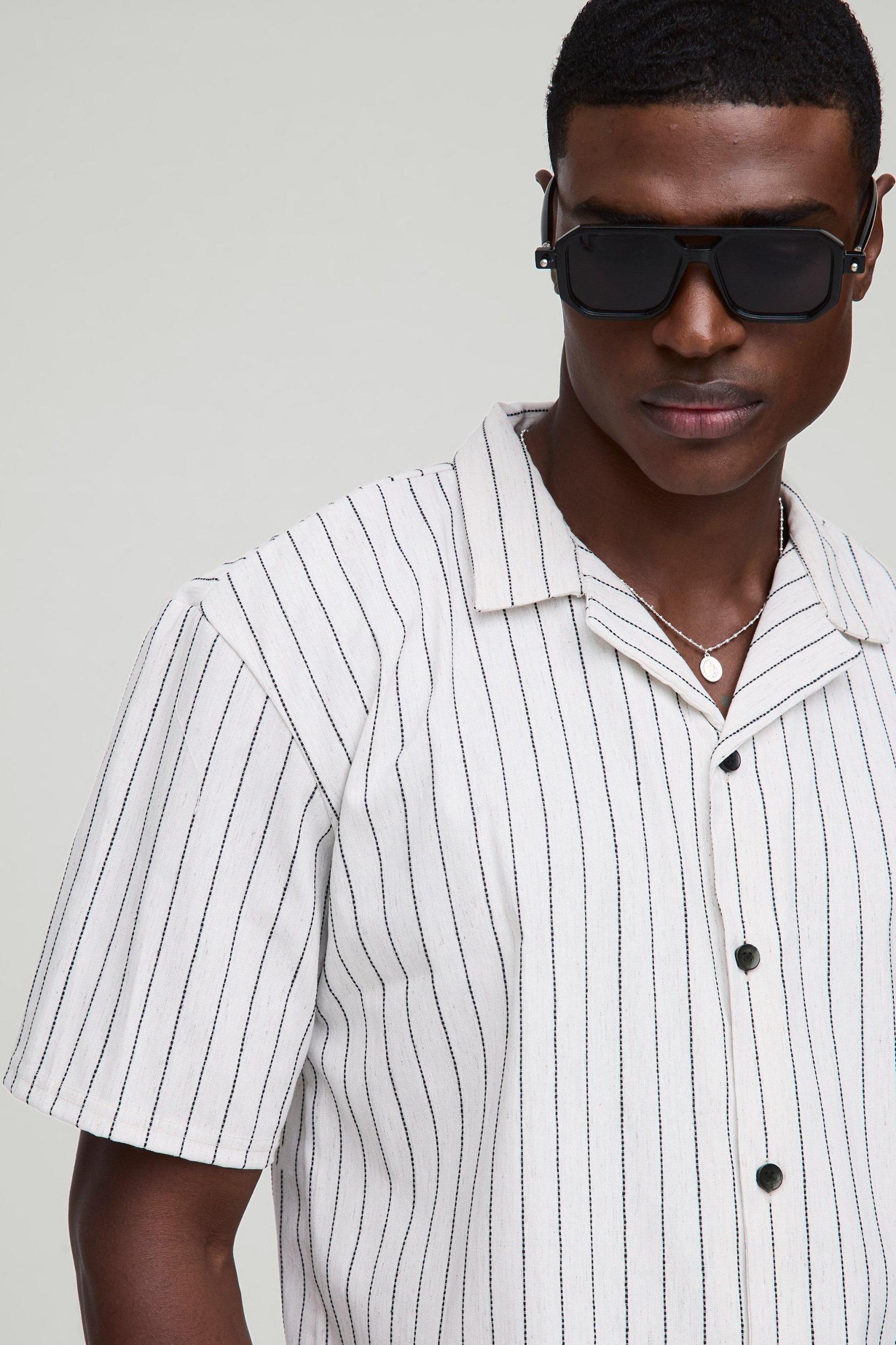 Oversized Linen Look Black Embroidery Striped Revere Shirt | boohooMAN USA Product Image