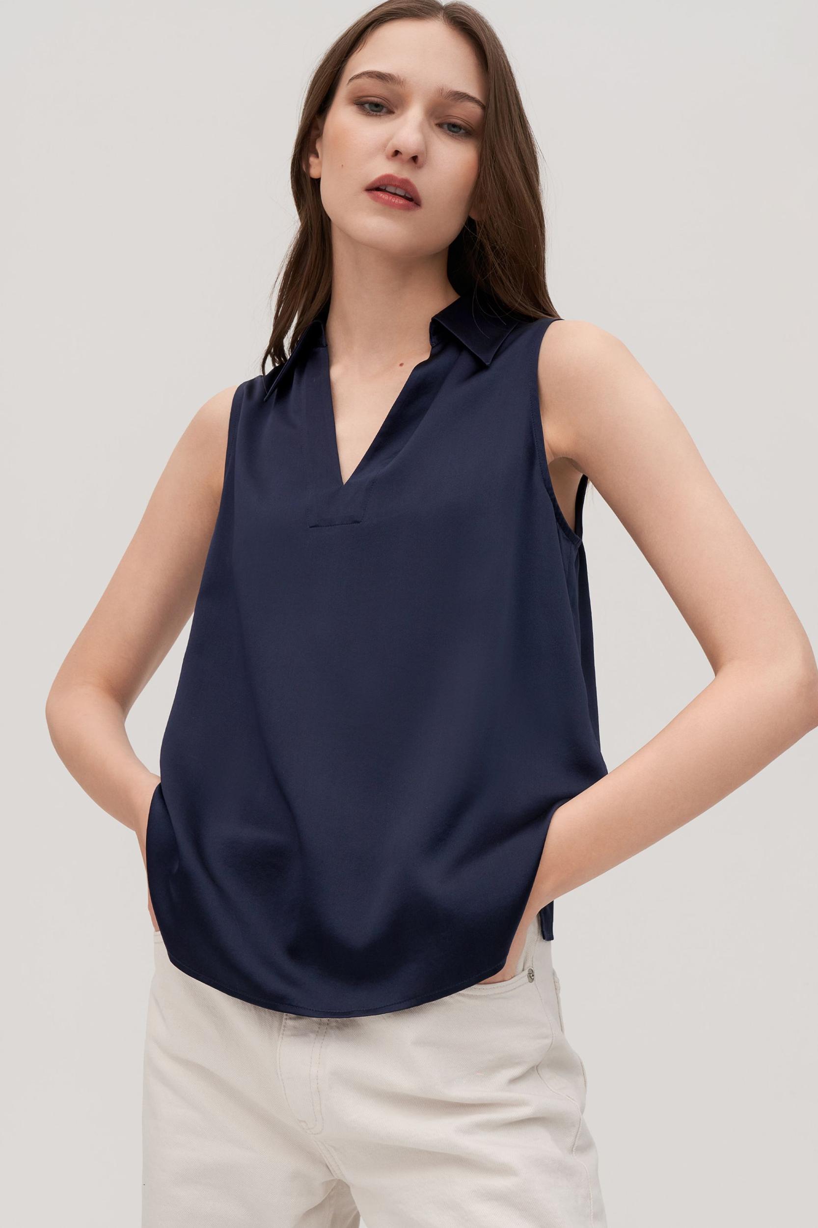 V-Neck Sleeveless Silk Violet Shirt For Women Product Image