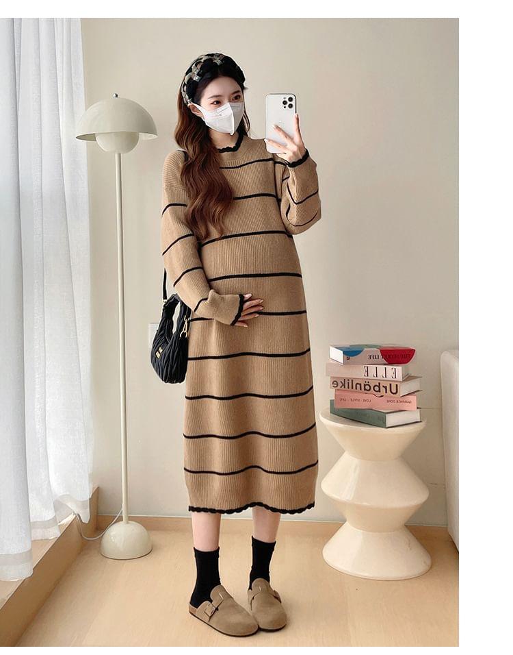 Maternity Long Sleeve Round Neck Striped Ribbed Midi Shift Sweater Dress Product Image