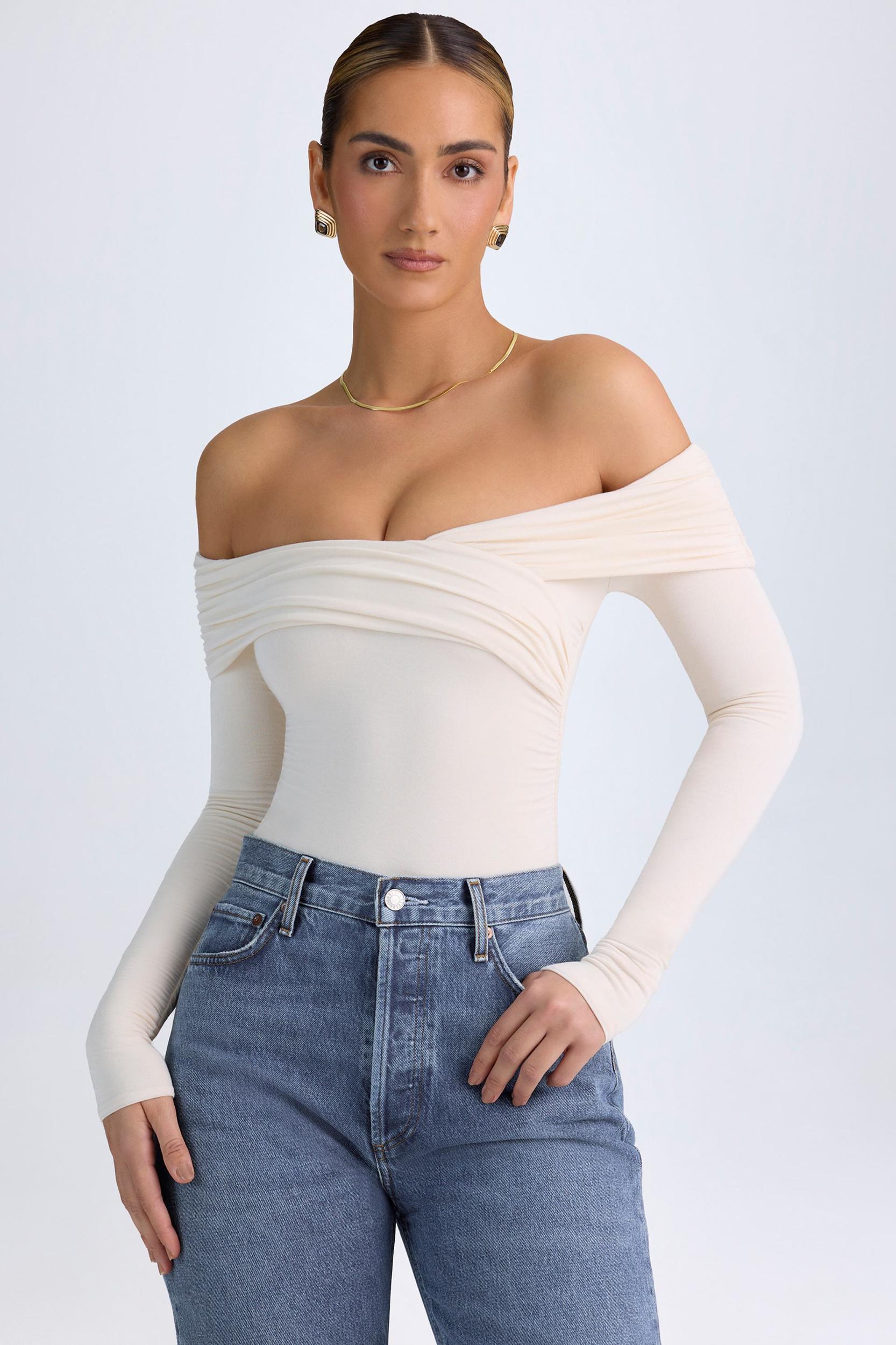 Modal Off-Shoulder Ruched Bodysuit in Ivory Product Image