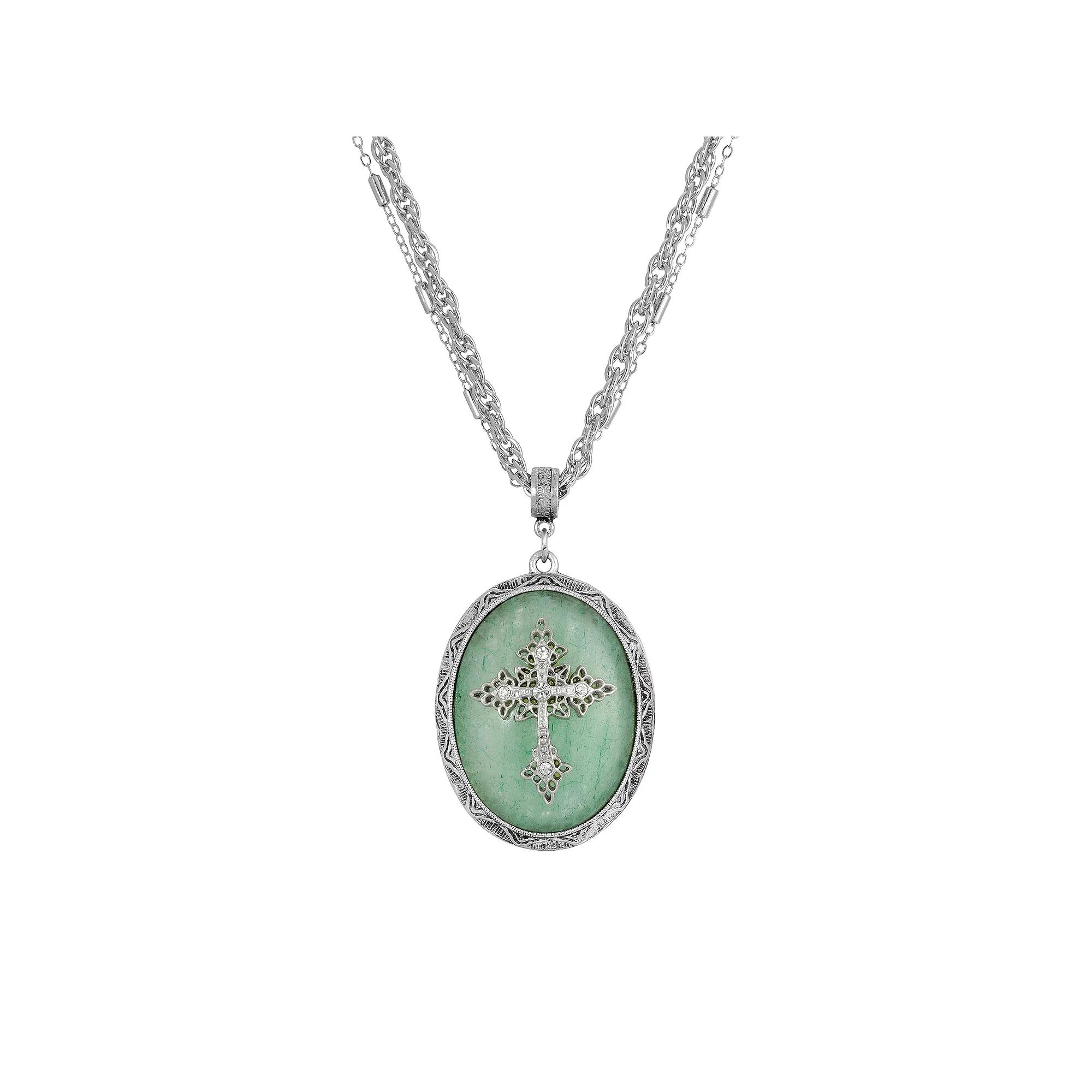 Symbols Of Faith Silver Tone Crystal Cross Cameo Double-Strand Pendant Necklace, Women's, Green Product Image