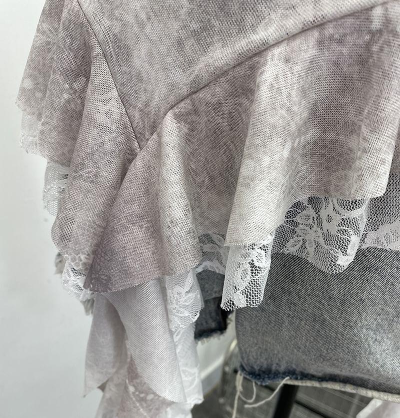 Asymmetrical Ruffle Trim Lace Panel Mesh Slim Fit Camisole Top Product Image