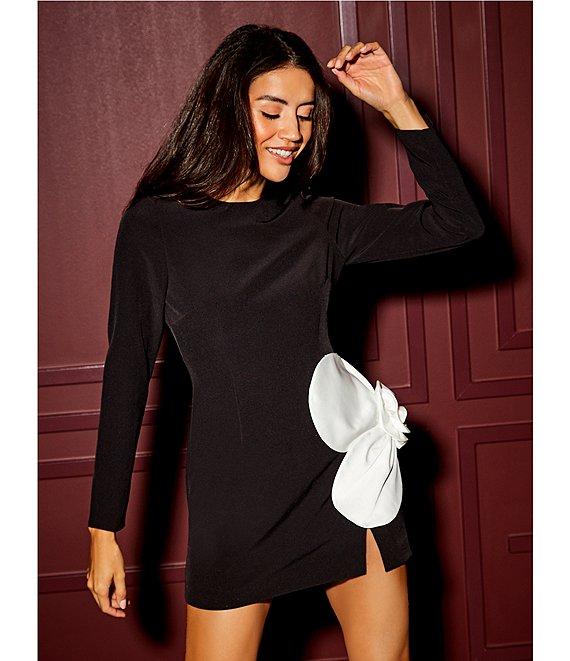 Gianni Bini Layla Crepe Crew Neck Long Sleeve Flower Applique Mini Dress Product Image