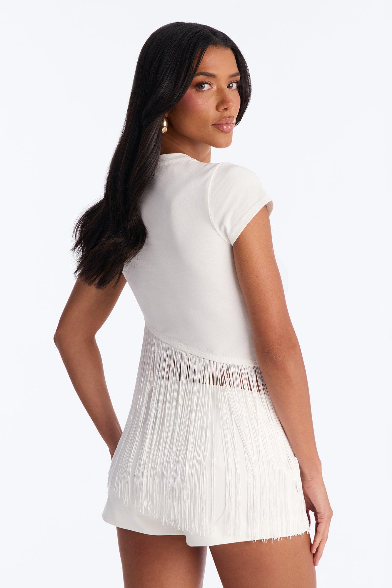 Fringe Me Up Asymmetrical Short Sleeve Top - White Female Product Image
