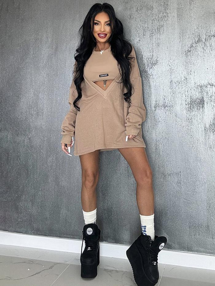 Loose Solid Color Round-Neck Mini Dresses & Vest Top Two Pieces Set  Product Image