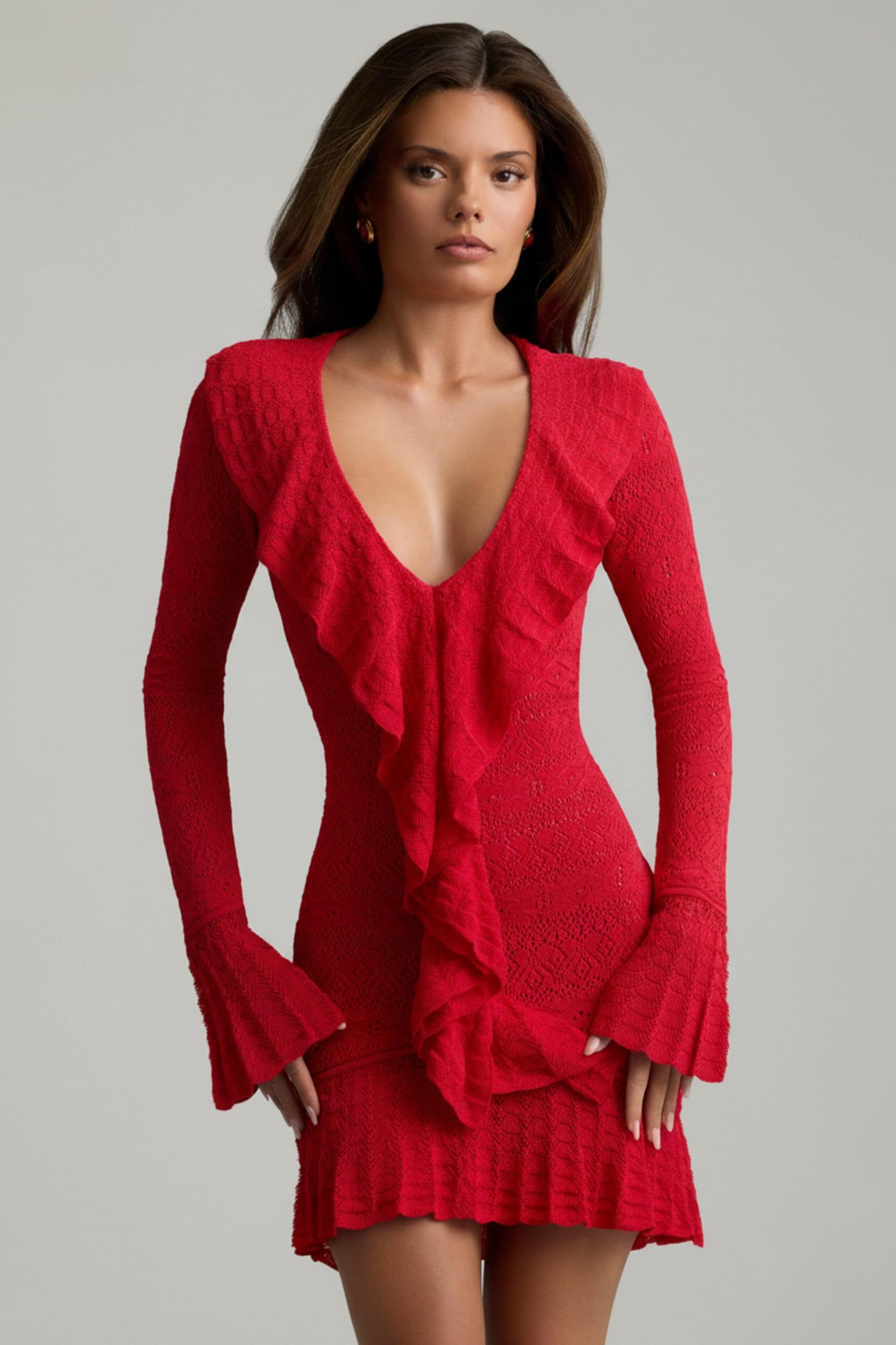 Ruffle-Trim Pointelle-Knit Mini Dress in Scarlet Red Product Image