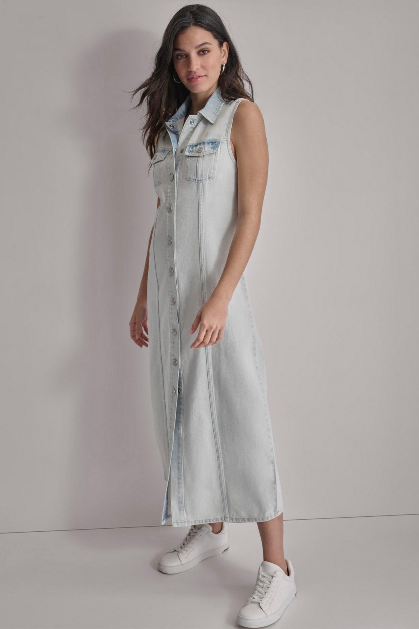 SLEEVELESS DENIM MAXI SHIRT DRESS Product Image
