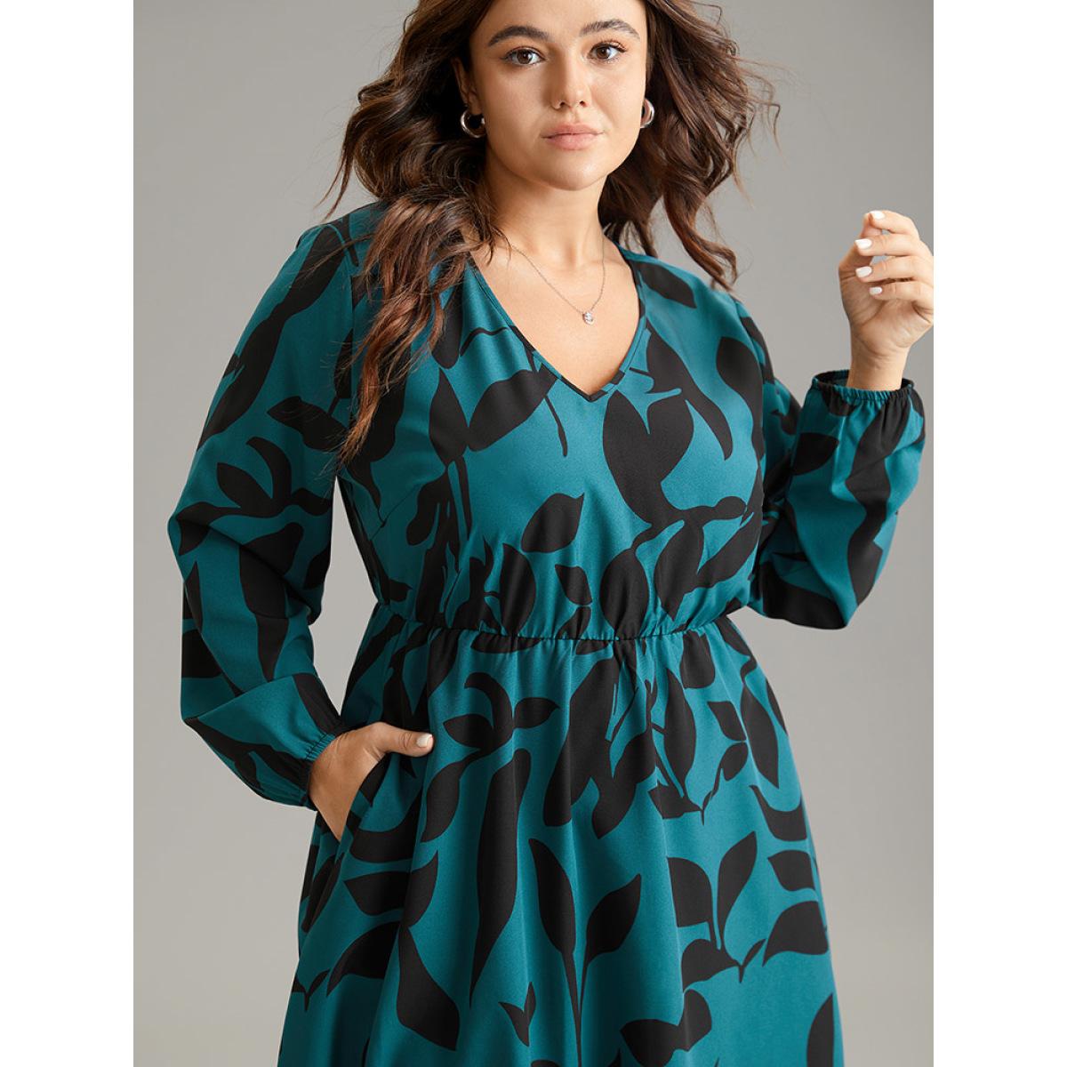 Plus Size Silhouette Floral Print Elastic Waist Lantern Sleeve Dress Aegean Women Elegant Elastic cuffs V-neck Long Sleeve Curvy Midi Dress BloomChic 22-24/3X Product Image
