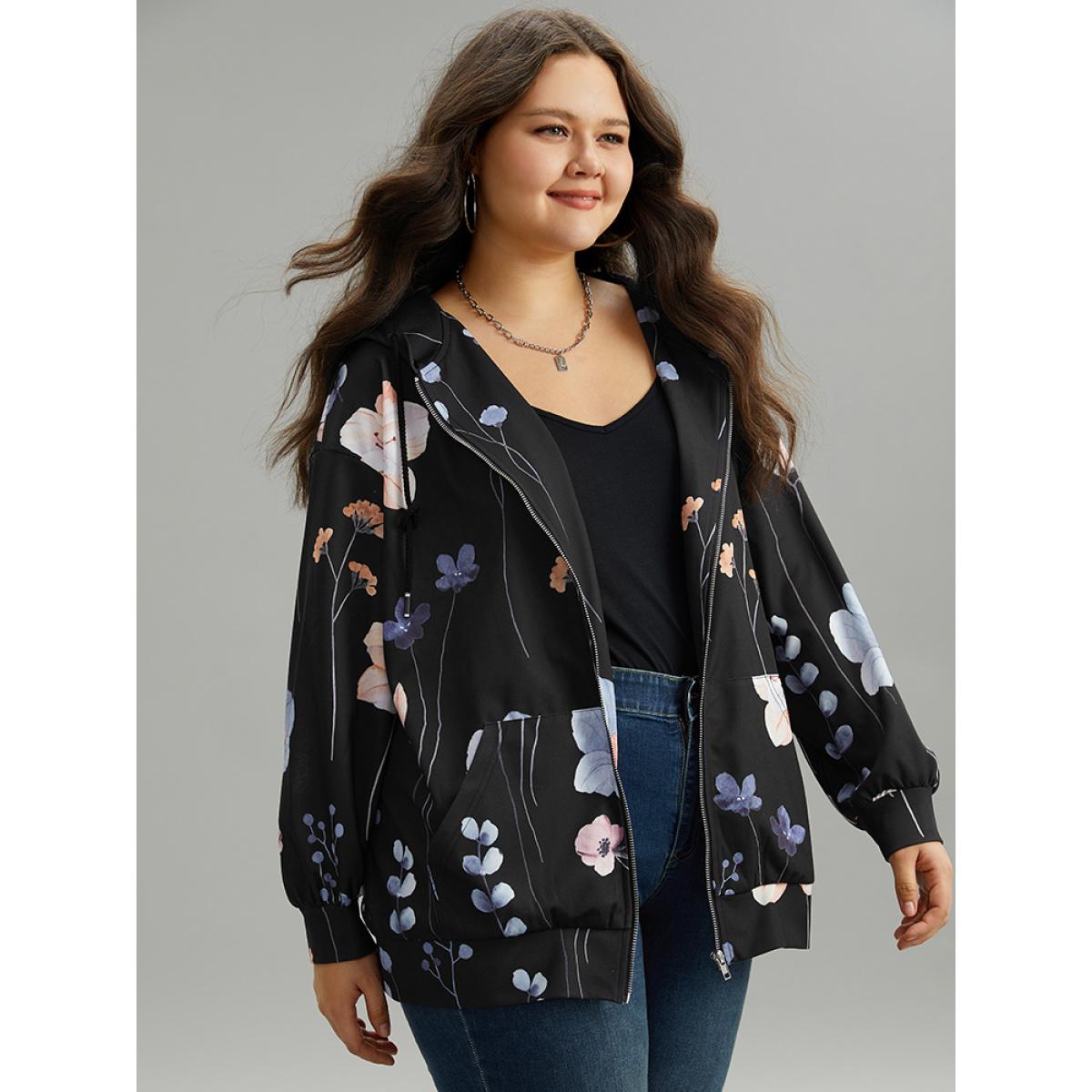 Plus Size Floral Print Zipper Hooded Pocket Windbreaker Women Black Printed Pocket Dailywear Jackets BloomChic 26/4X Product Image