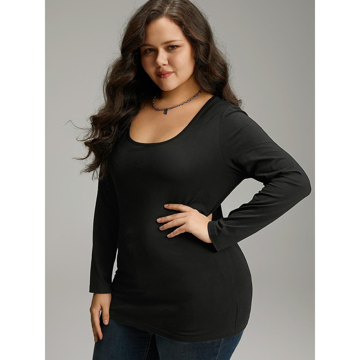 Plus Size Cotton Solid Scoop Neck T-shirt Black Women Elegant Plain Plain Scoop Neck Dailywear T-shirts BloomChic 10/M Product Image