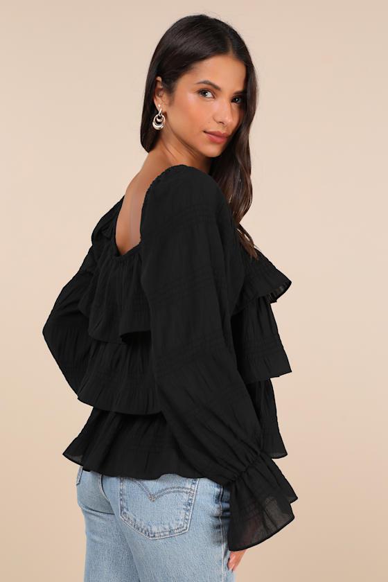 Tier Decadence Black Tiered Ruffled Long Sleeve Button-Up Top Product Image