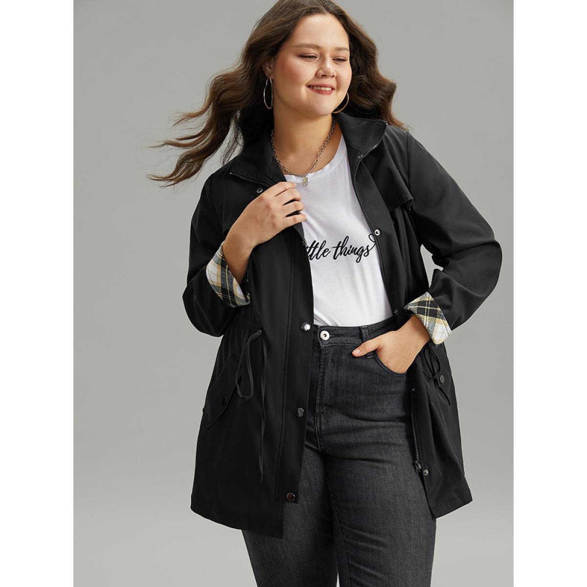 Plus Size Wind-Resistant Plaid Patchwork Drawstring Zipper Coat Women Black Contrast Pocket Dailywear Jackets BloomChic 10/M Product Image