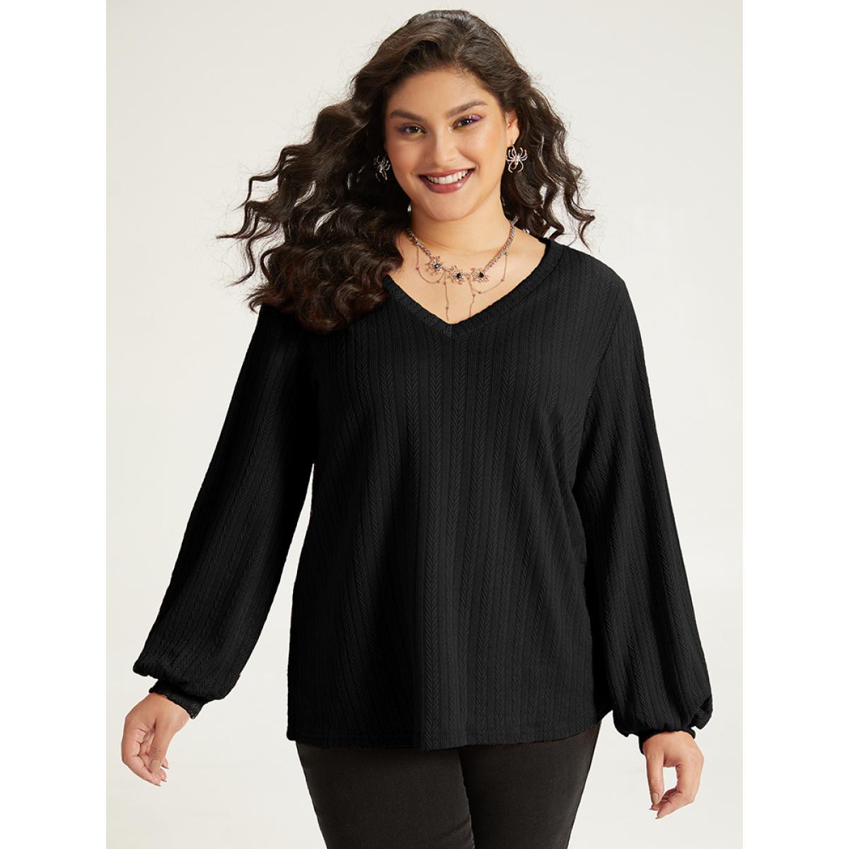 Plus Size Halloween Plain Elastic Cuffs V Neck Texture Lantern Sleeve Sweatshirt Women Black Casual Elastic cuffs V-neck Festival-Halloween Sweatshirts BloomChic 10/M Product Image
