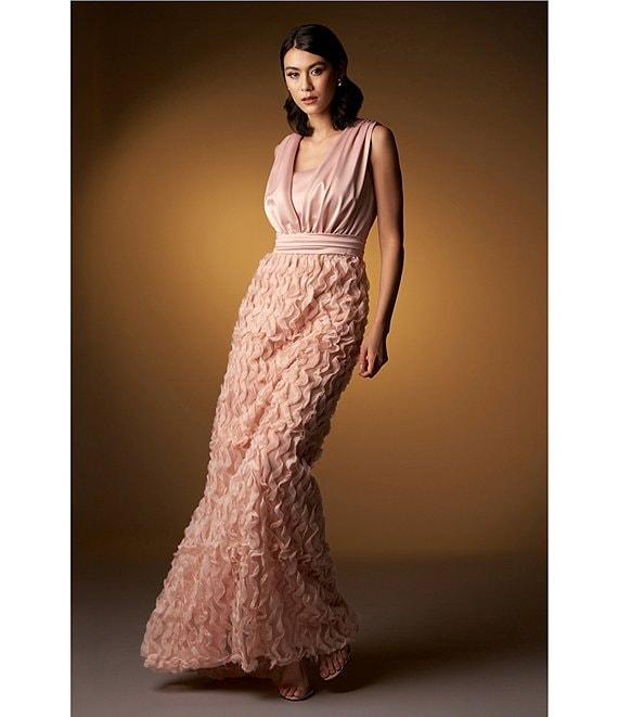 JS Collections Satin Ruffle Mesh V Neck Sleeveless Gown Product Image