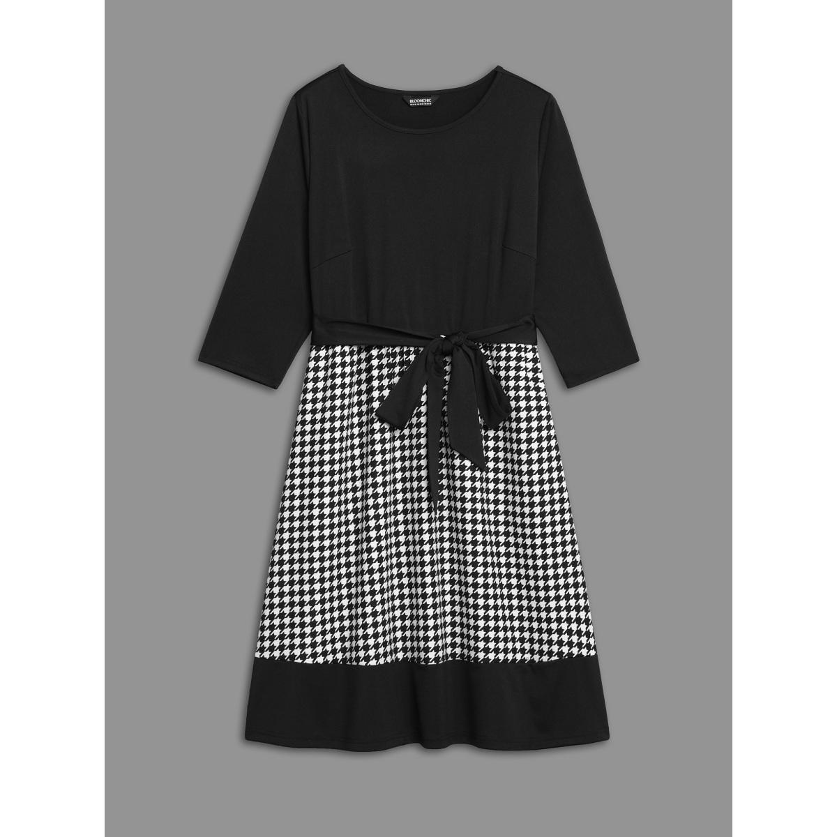 Plus Size Color-Block Belted Fit & Flare Midi Dress Black Women Casual Belted Knit Dresses Bloomchic 28/5X Product Image