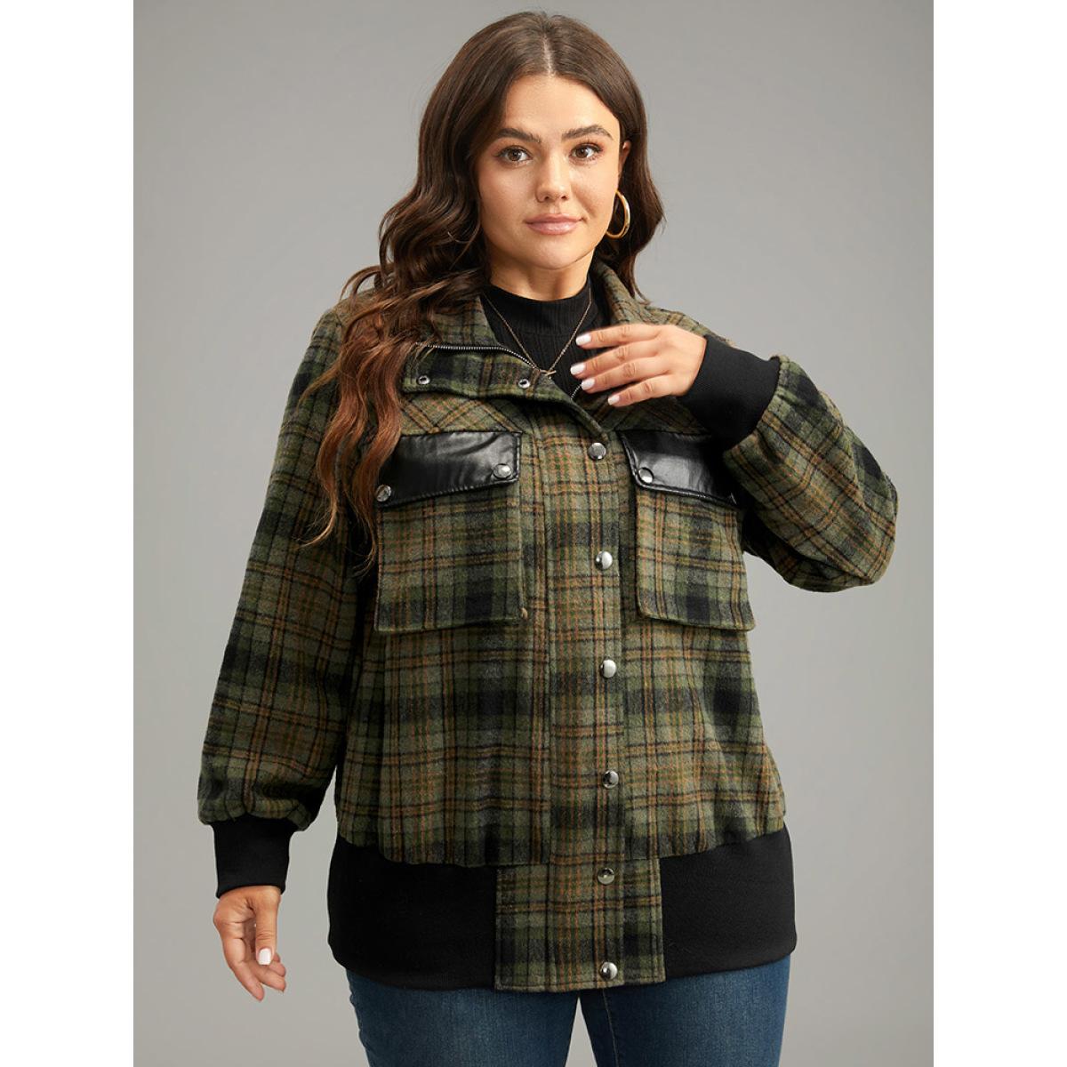 Plus Size Plaid Flap Pocket Zipper Fly Jacket Women Multicolor Elastic cuffs Pocket Dailywear Jackets BloomChic 12/L Product Image