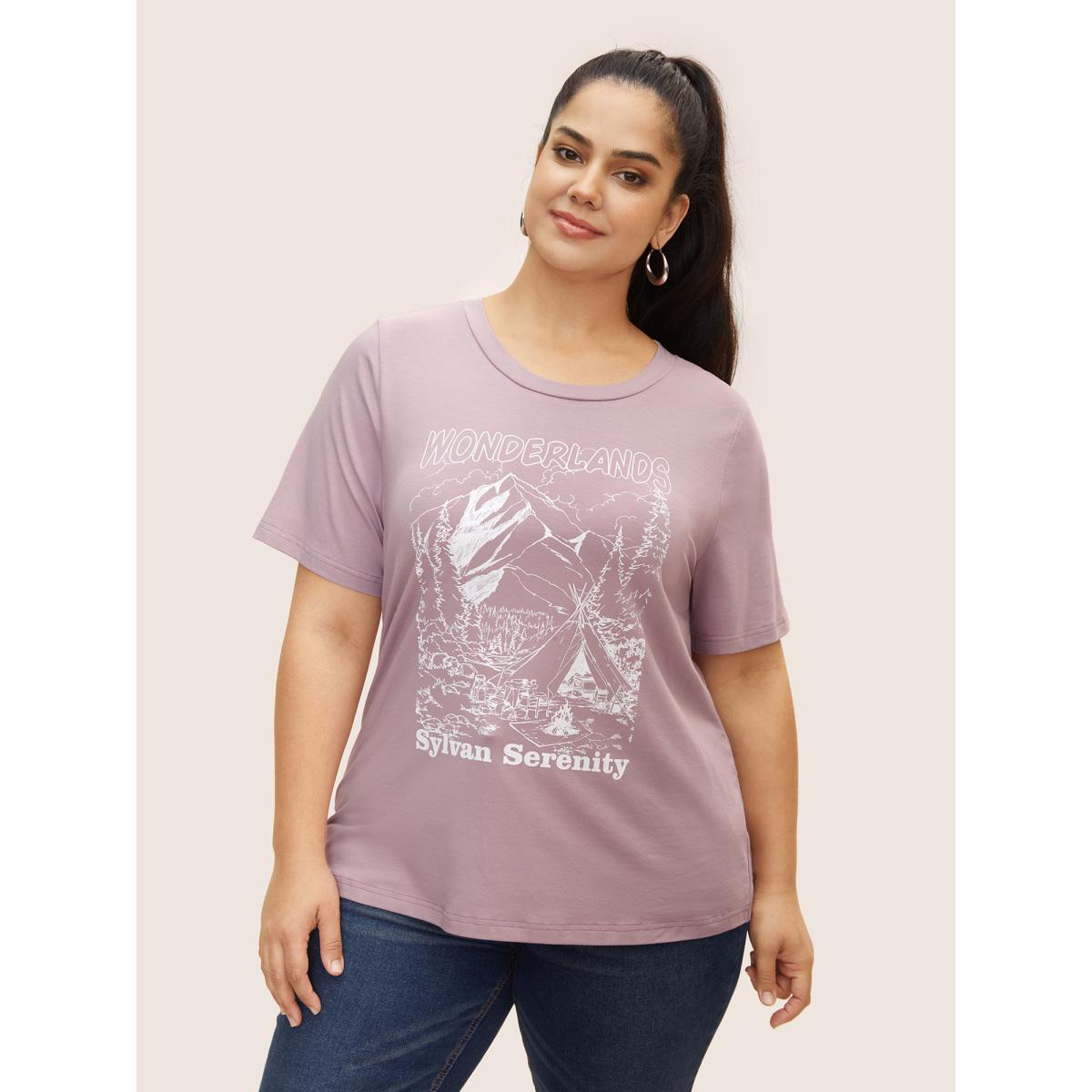 Plus Size Cotton Landscape Pattern Round Neck T-shirt Dirtypink Women Casual Contrast Natural Flowers Round Neck Everyday T-shirts BloomChic 10/M Product Image