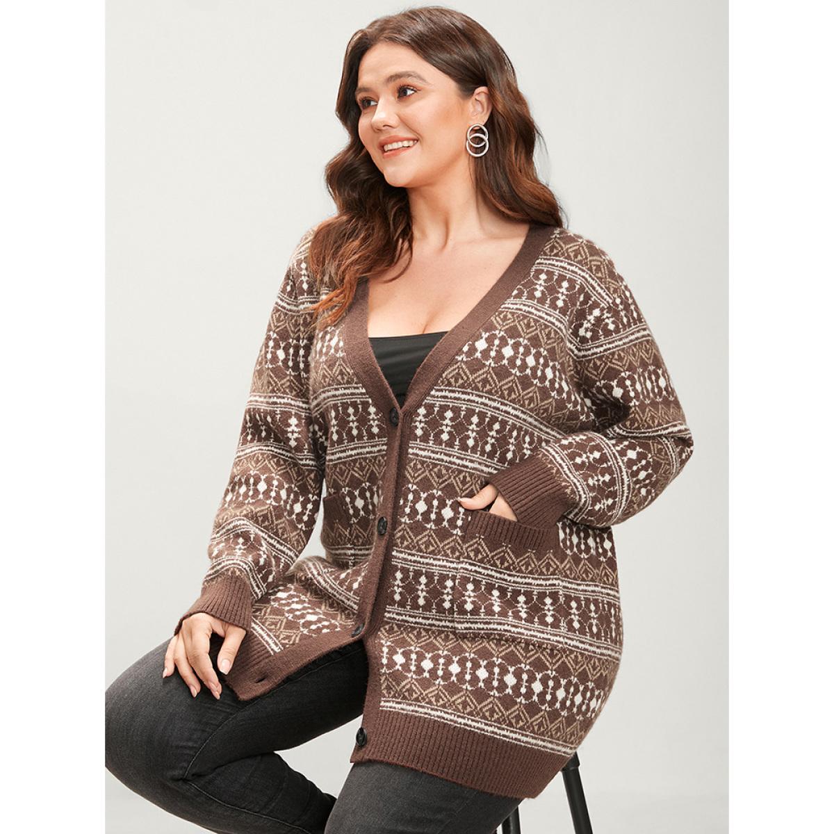 Plus Size Bandana Contrast Super Soft Knit Pocket Open Front Cardigan Tan Women Casual Loose Long Sleeve Dailywear Cardigans BloomChic 28/5X Product Image