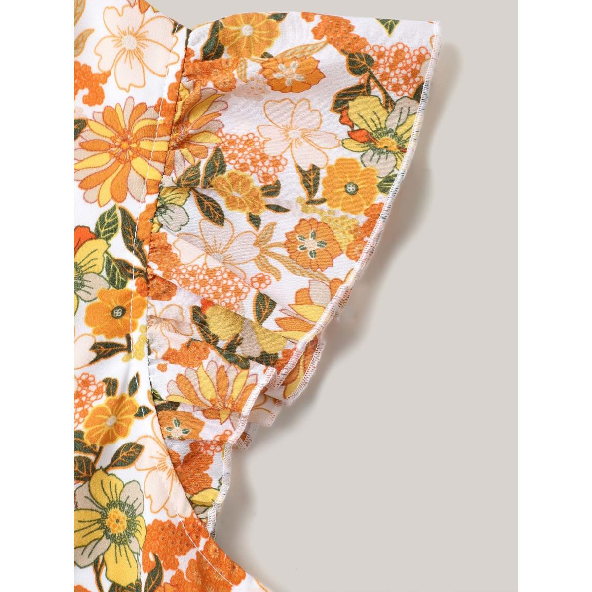 Plus Size Sunkissed Floral Print Flutter Sleeve Midi Dress Brightorange Women Leisure Round Neck Cap Sleeve Curvy BloomChic 22-24/3X Product Image