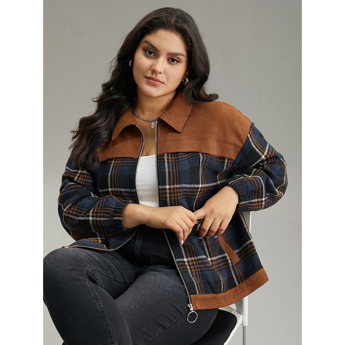 Plus Size Plaid Patchwork Pocket Lapel Collar Zipper Fly Jacket Women Multicolor Contrast Pocket Dailywear Jackets BloomChic 10/M Product Image