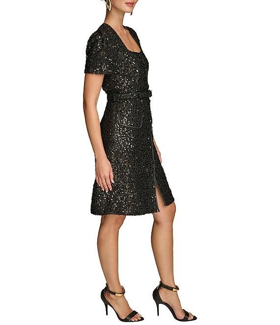Donna Karan Sequin Tweed Square Neck Short Sleeve Belted Sheath Dress Product Image
