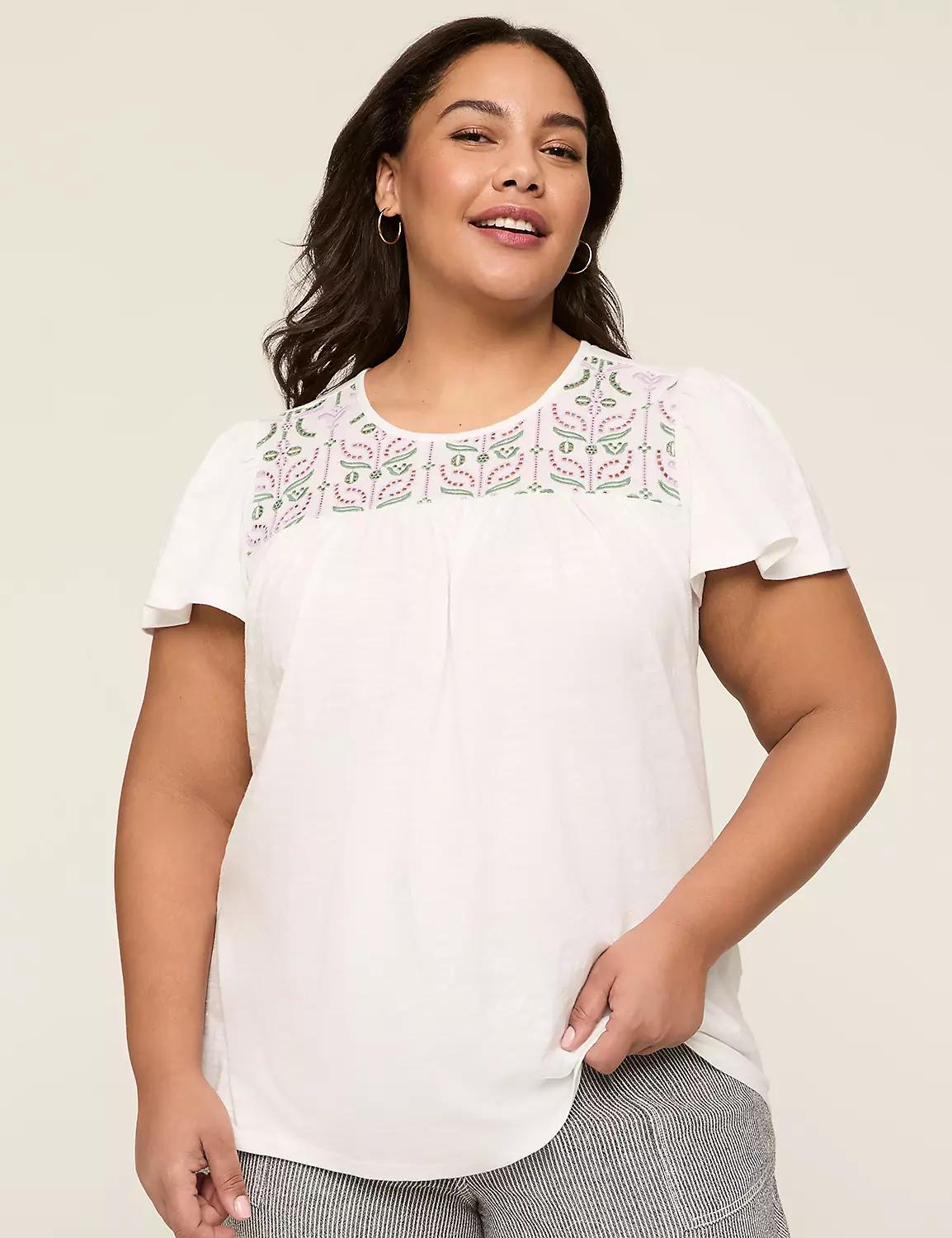 Embroidered-Yoke Short-Sleeve Top Product Image