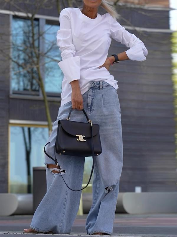 Long Sleeves Loose Solid Color Round-Neck T-Shirts Tops Product Image