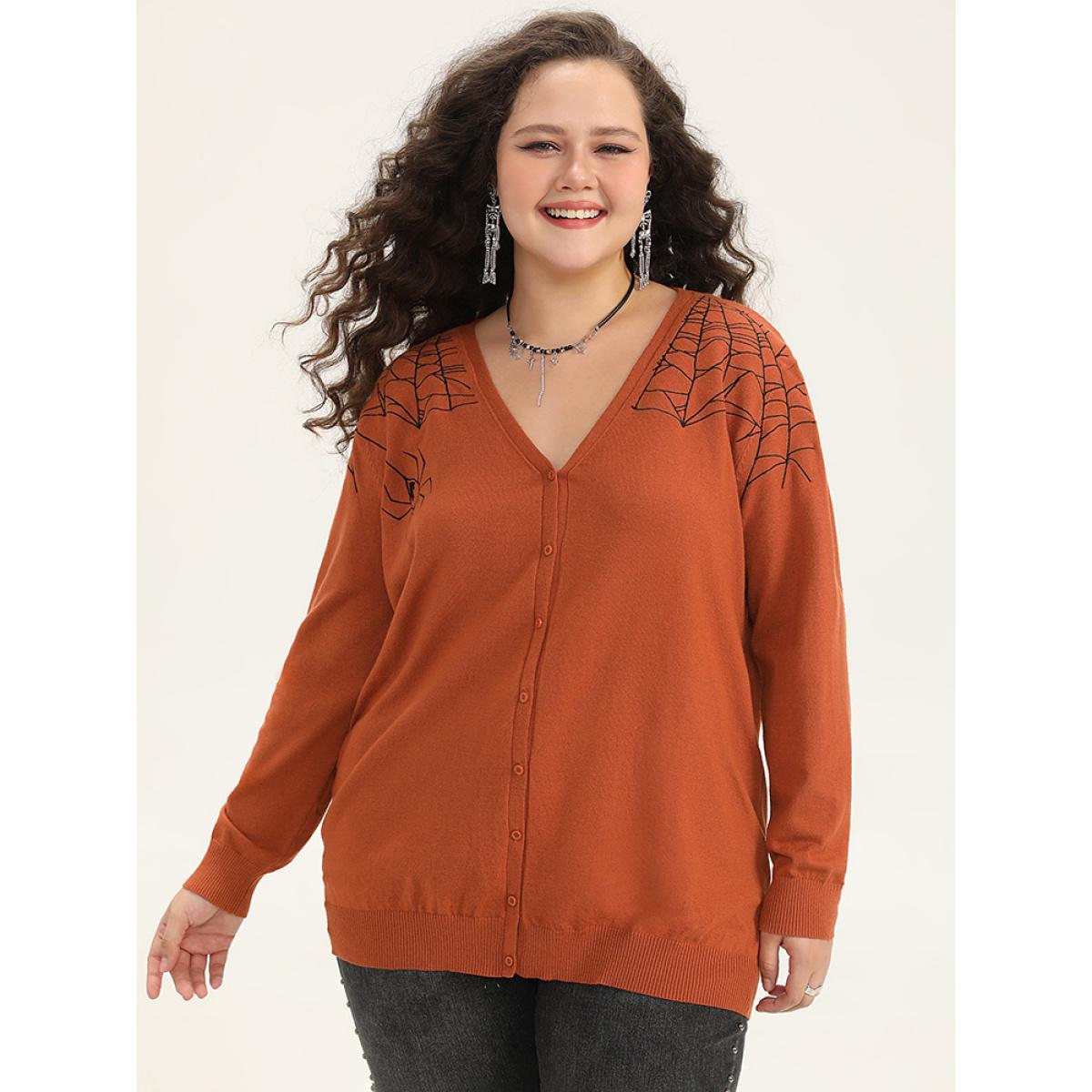 Plus Size Supersoft Essentials Halloween Spider Web Button Through Cardigan Rust Women Leisure Loose Long Sleeve Casual Cardigans BloomChic 18-20/2X Product Image