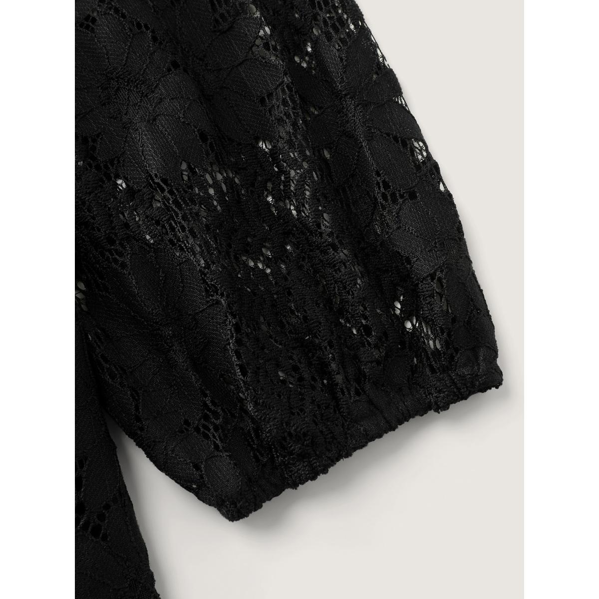 Plus Size Floral Sheer Lace Waist-Tie Mini Dress Black Women Romantic Overlapping Overlap Collar Long Sleeve Curvy BloomChic 18-20/2X Product Image