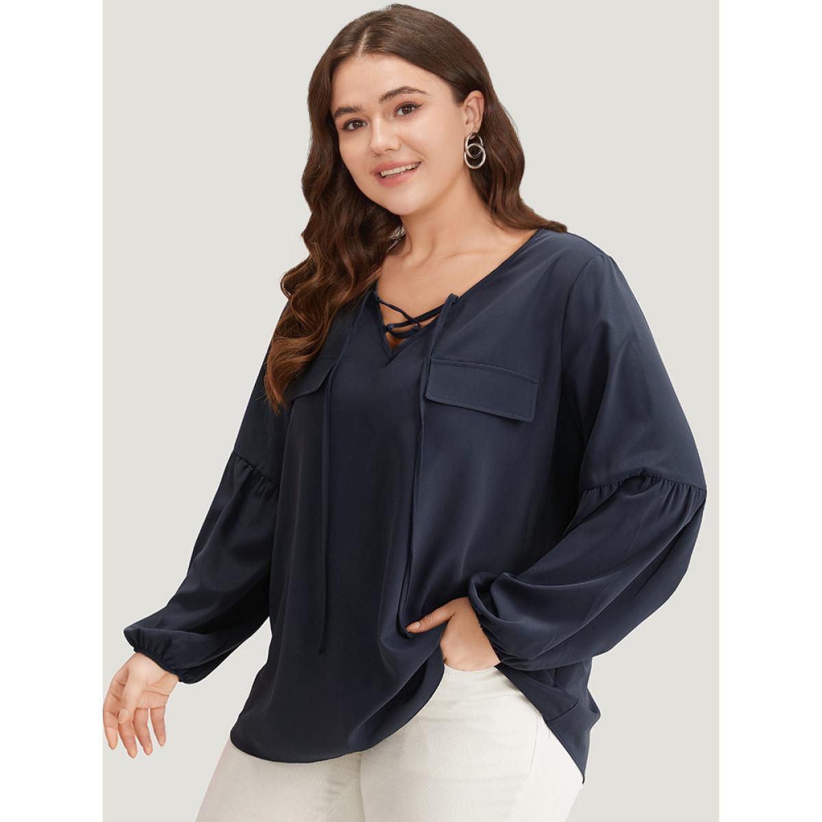 Plus Size Indigo Solid Elastic Cuffs Lace Up Blouse Women Office Long Sleeve V-neck Office Blouses BloomChic 10/M Product Image