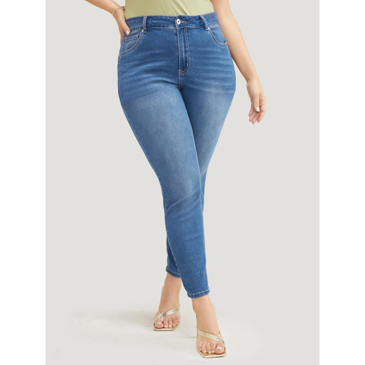 Plus Size Very Stretchy High Rise Medium Wash Floral Embroidered Jeans Women Indigo Casual Plain High stretch Pocket Jeans BloomChic 28/5X Product Image