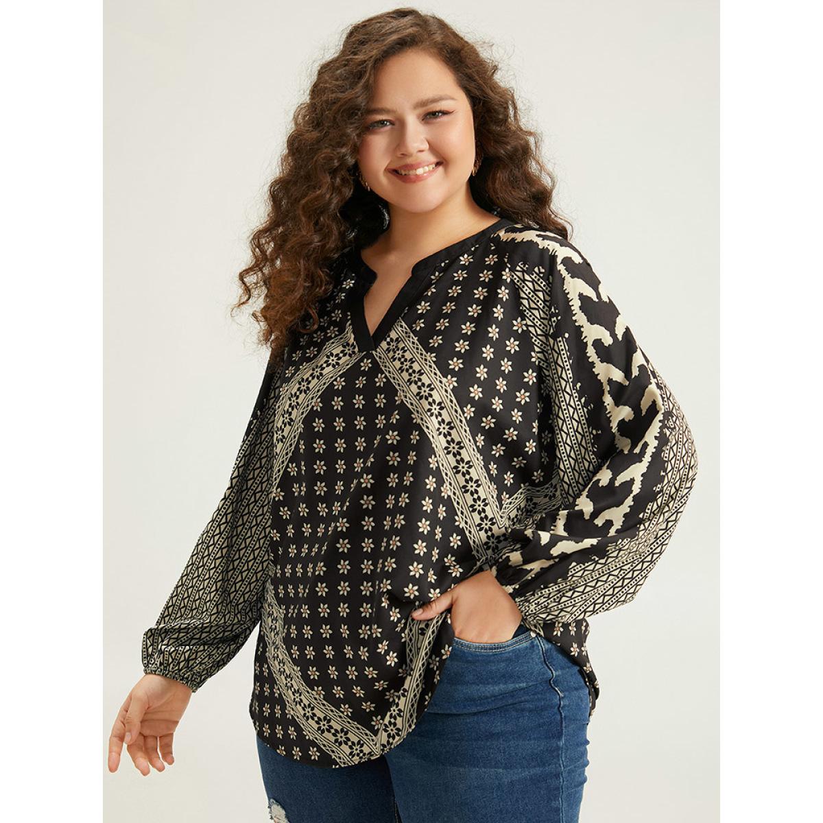 Plus Size Black Boho Print Lantern Sleeve Notched Blouse Women Vacation Long Sleeve Notched collar Dailywear Blouses BloomChic 18-20/2X Product Image