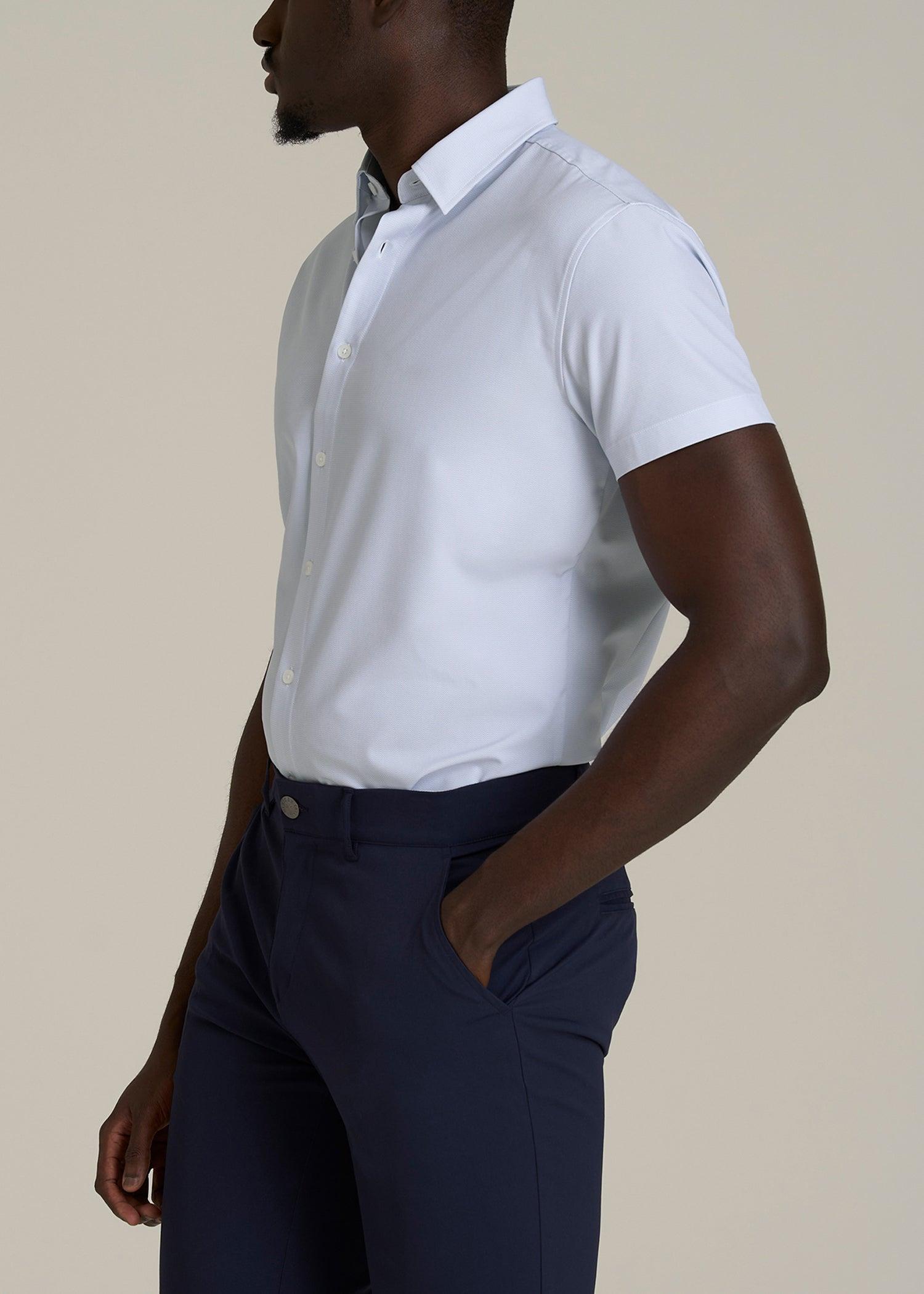 Short Sleeve Traveler Stretch Button Shirt for Tall Men in Light Grey Chevron Male Product Image