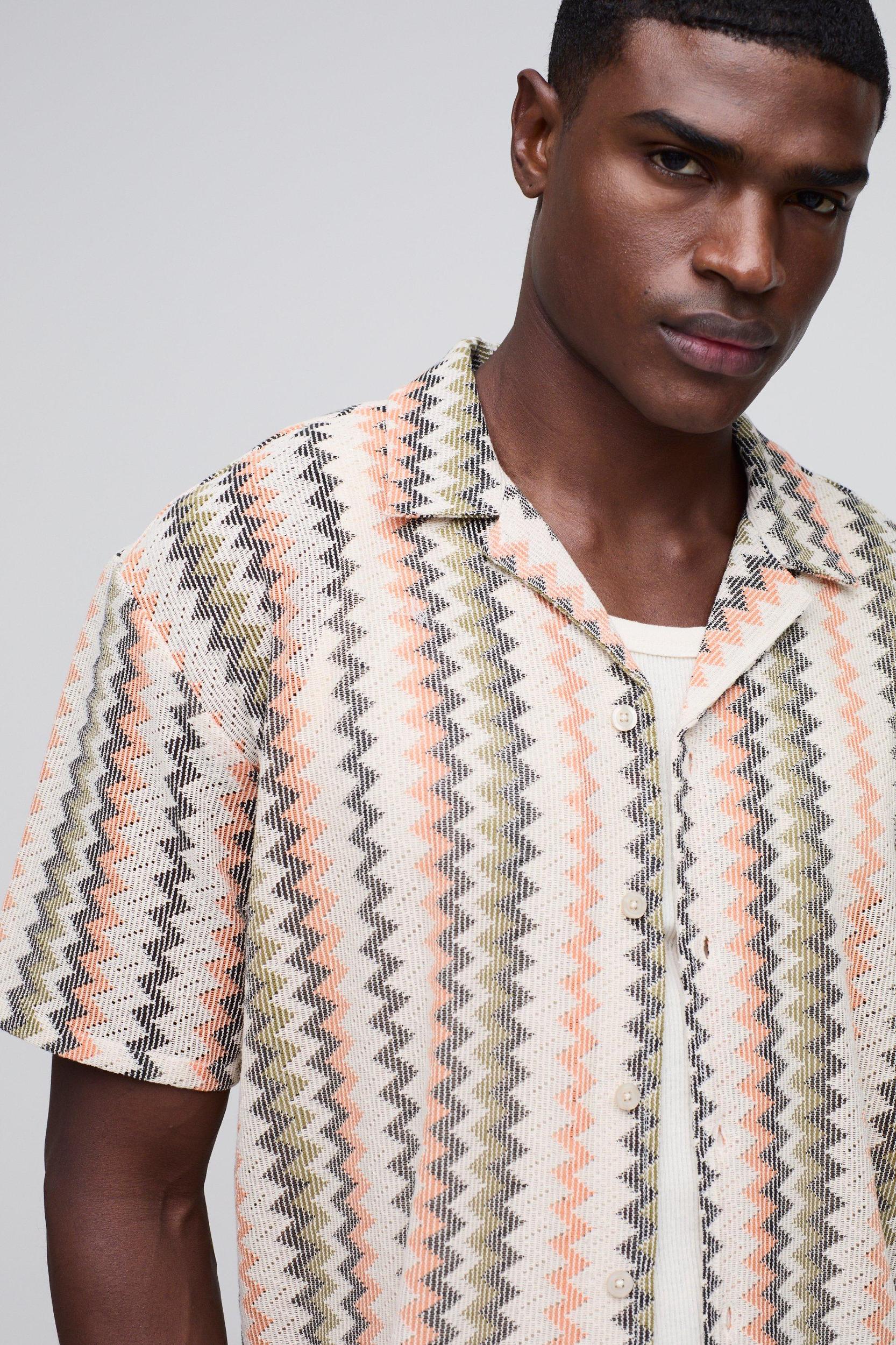 Open Weave Striped Pocket Oversized Shirt | boohooMAN USA Product Image