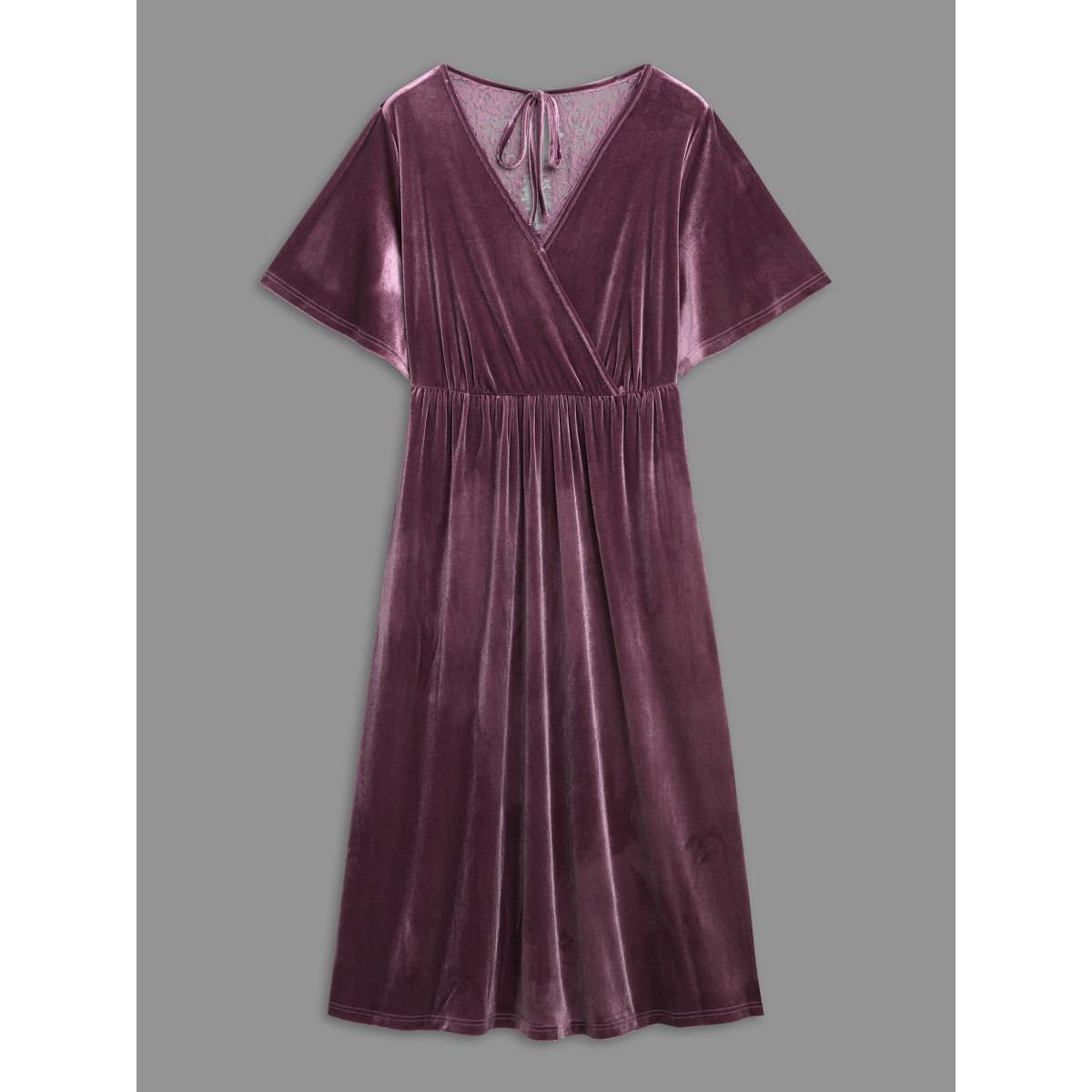 Plus Size Surplice Neck Backless Ties Velvet Dress Mauve Women Cocktail Texture Party Curvy Bloomchic 22-24/3X Product Image