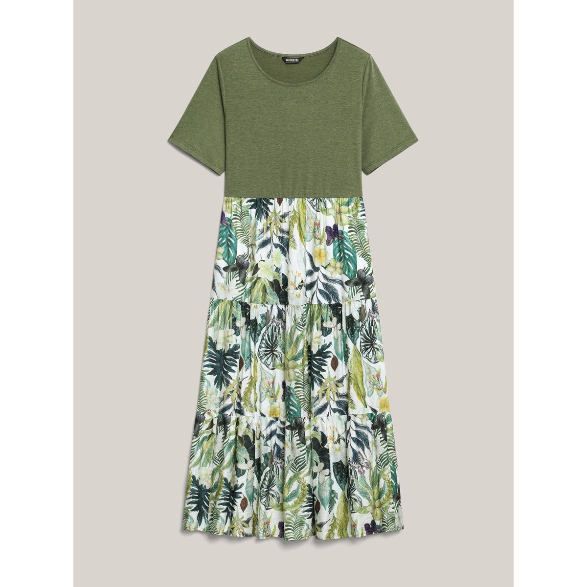 Plus Size Tropical Floral Print Spliced Maxi Dress Moss Women Round Neck Short sleeve Curvy BloomChic 14-16/1X Product Image