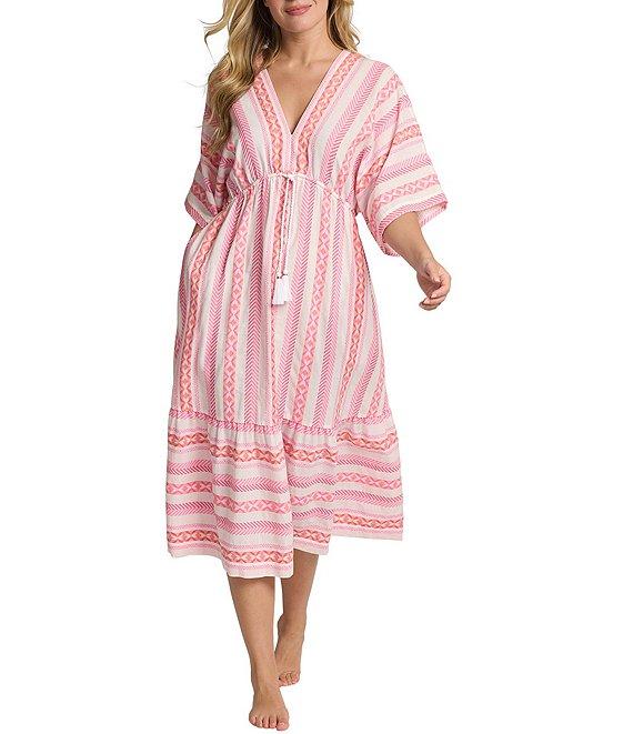 Tommy Bahama Geo Jacquard Stripe Print V-Neck Dolman Sleeve Midi Dress Swim Cover-Up Product Image