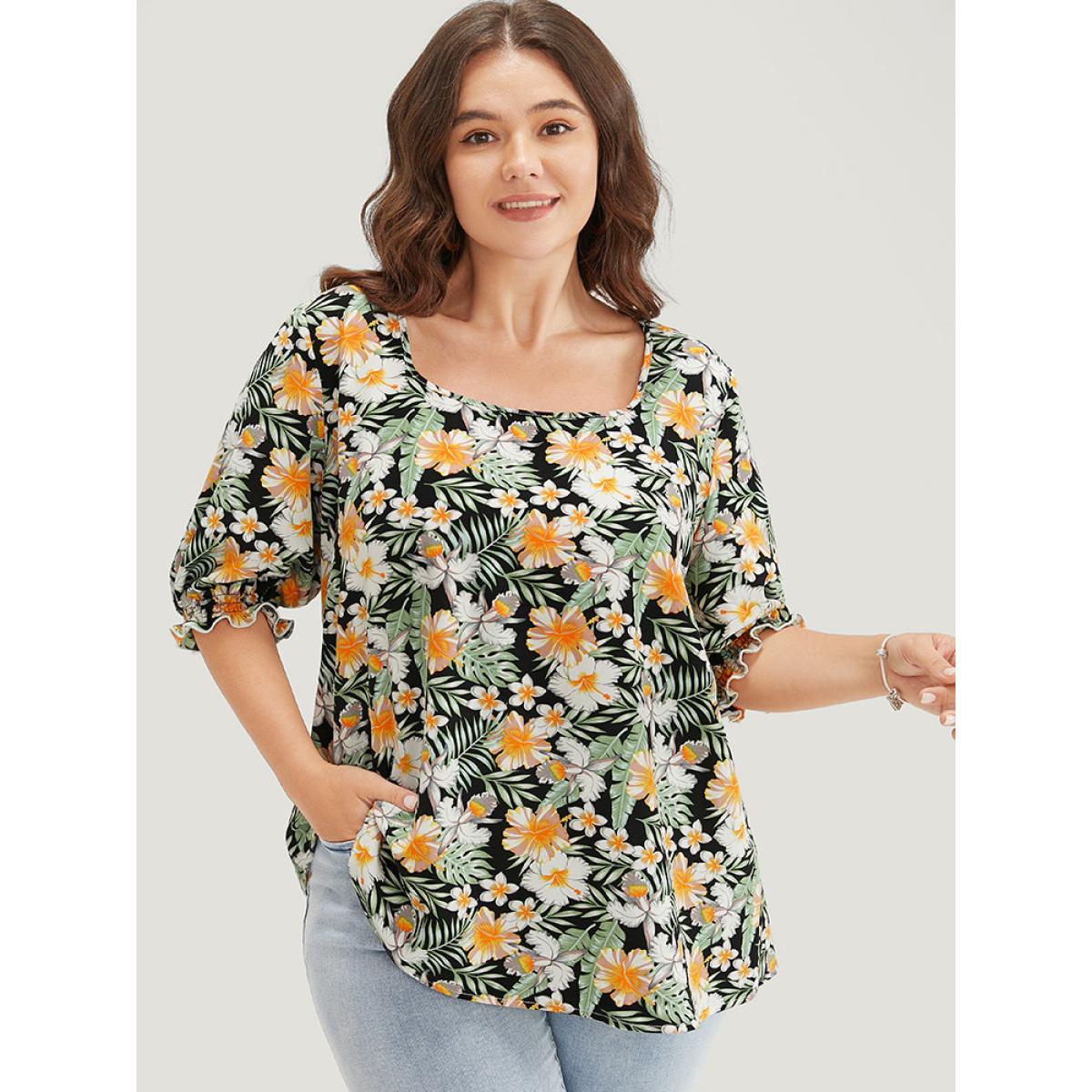 Plus Size BlackFlower Tropical Print Puff Sleeve Ruffles Trim Square Neck Blouse Women Vacation Elbow-length sleeve Square Neck Dailywear Blouses BloomChic 26/4X Product Image